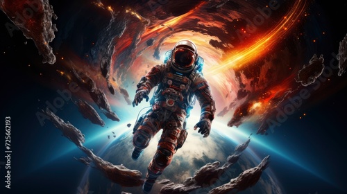 An astronaut in a spacesuit hovers weightlessly with a dramatic vista of planets, stars, and nebulae in the background. Generative ai