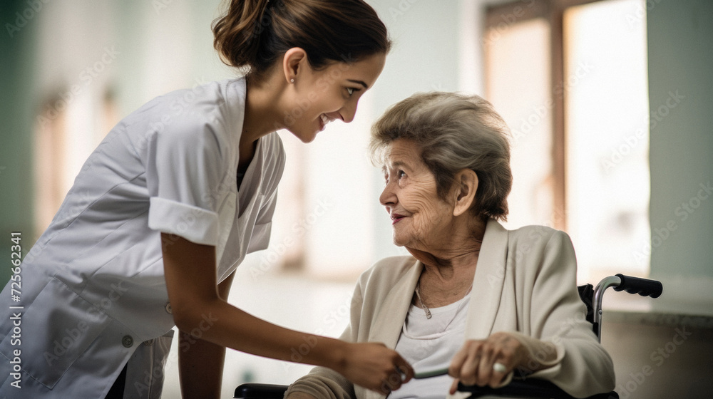 Nurse assisting senior woman in wheelchair at nursing home. Healthcare and medical service . Nurse assisting senior woman in wheelchair at nursing home. Healthcare and medical service .