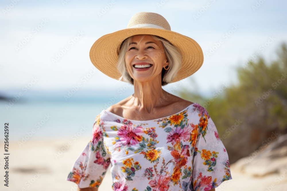 happy senior woman in hat and floral dress on summer vacation on beach