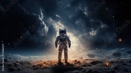 An astronaut in a spacesuit hovers weightlessly with a dramatic vista of planets, stars, and nebulae in the background. Generative ai 