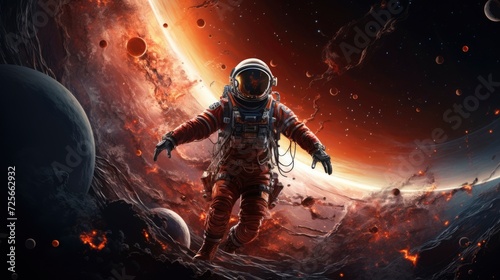 An astronaut in a spacesuit hovers weightlessly with a dramatic vista of planets, stars, and nebulae in the background. Generative ai  © Mina Nida