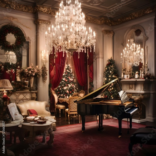 Grand piano on the background of the Christmas tree in a luxurious interior