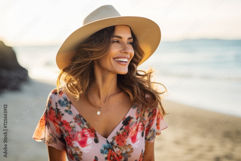 Portrait of beautiful young woman in hat on the beach at sunset
