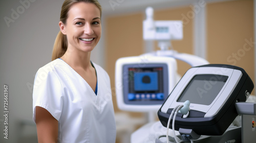 Female diagnostic medical sonographer with sonography machine in a medical room photo