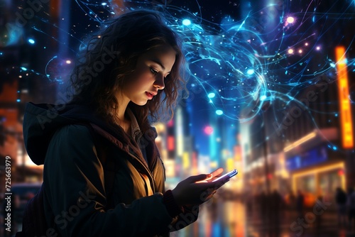 Young woman using mobile phone in city at night