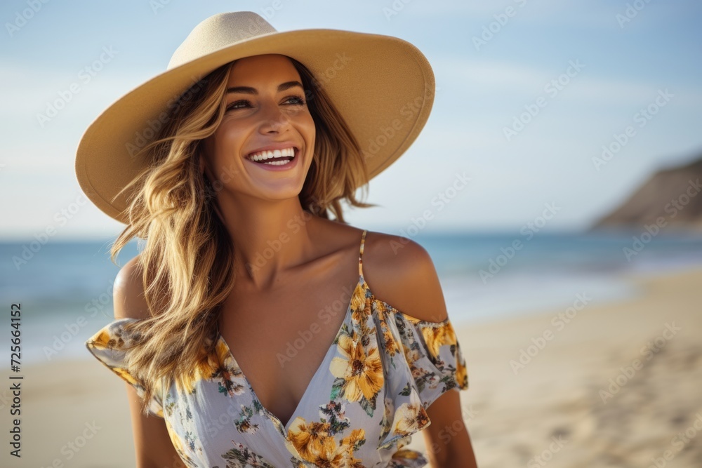 Portrait of beautiful young woman in hat and summer dress on the beach
