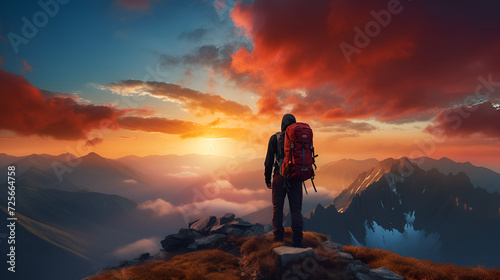 Group of hikers walks in mountains at sunset, travel in mountains at sunset, Trekking sul Lago di Como, family and friends hiking together in the mountains in the vacation trip week, ai generated photo