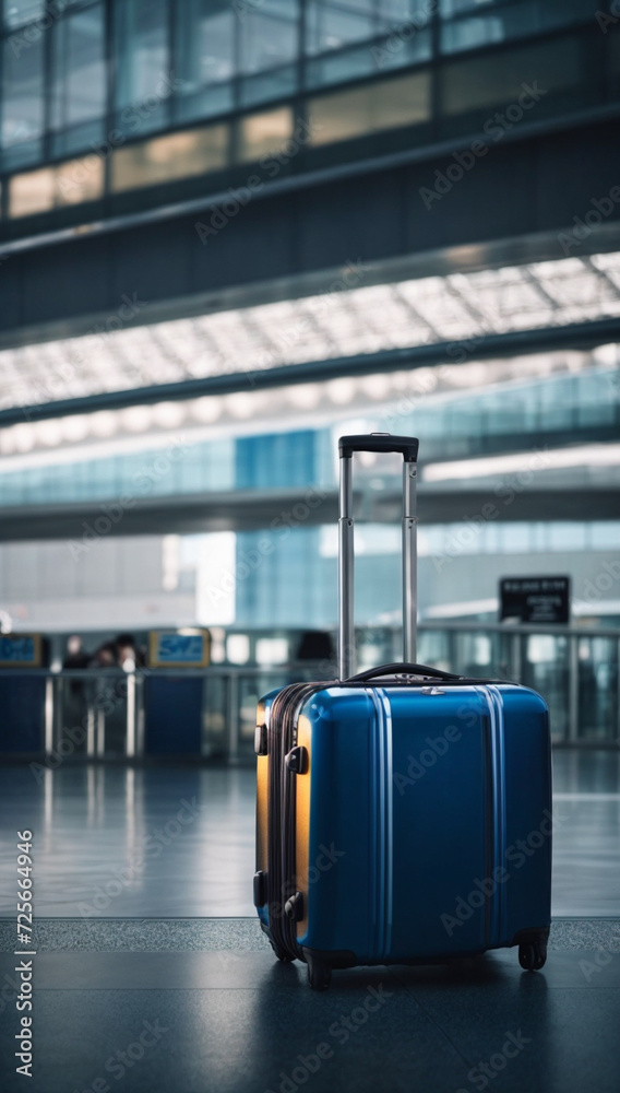 Travel luggage blue suitcase in terminal empty departures, travel concept, holidays concept
