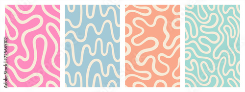 Groovy organic lines, fluid, curved, wiggling stripes, waves vector backgrounds set. Liquid, funky chaotic ornaments, funky patterns bundle. Doodle, uneven hand drawn wavy, winding twisted lines