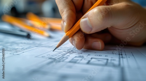 Close-up of an architect's hand drawing a detailed building facade on drafting paper, architectural tools in view