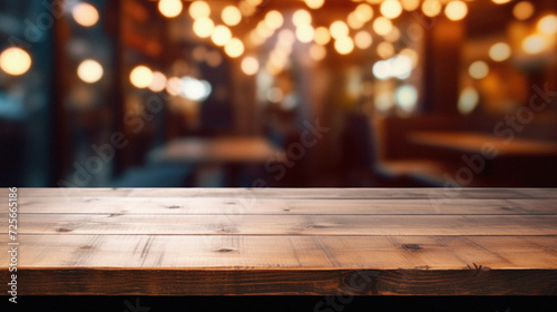 Empty wooden table and Coffee shop blur background with bokeh image. For product display