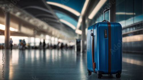 Travel luggage blue suitcase in terminal empty departures, travel concept, holidays concept
space for text photo