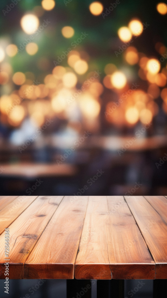 Empty wood table and Coffee shop blur background with bokeh image .