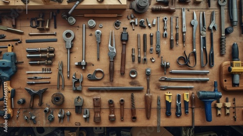 Detailed view of a collection of high-precision mechanical tools laid out on a workbench photo