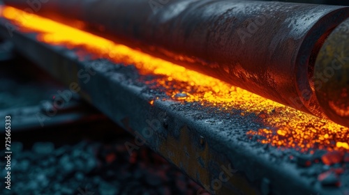Detailed view of a heat treatment process on steel, with visible color changes indicating temperature gradients photo