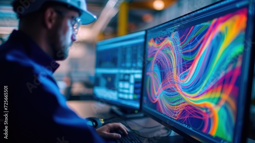 Macro shot of a mechanical engineer analyzing fluid flow simulations on a computer screen, colorful flow lines visible photo