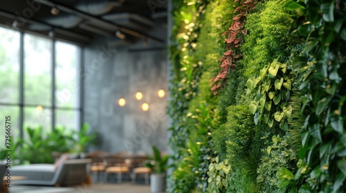 Zoomed-in image of a vertical garden wall in an eco-friendly office building, showcasing the integration of nature and architecture