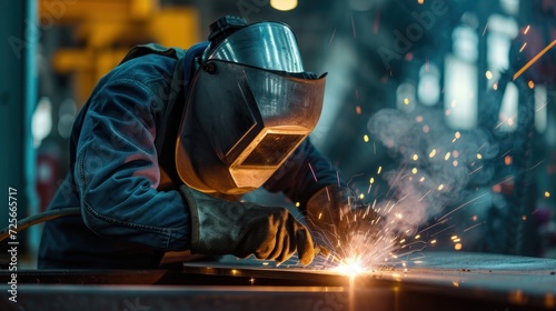 Zoomed-in image of a welder wearing protective gear, focusing intensely on precision welding work