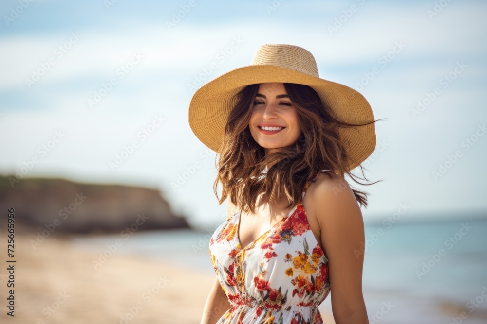 Portrait of beautiful young woman in hat and dress on the beach