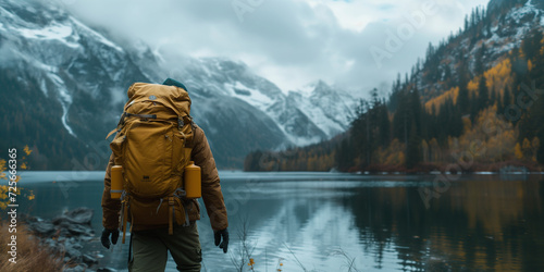 A hiker man with gigantic hiking backpack hiking and stan a momant at the lake landscape photo