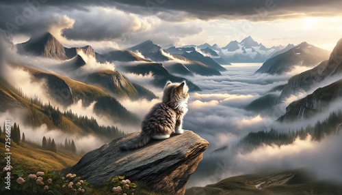 Fotografia Cat standing on top of a mountain and looking towards a foggy mountain landscape