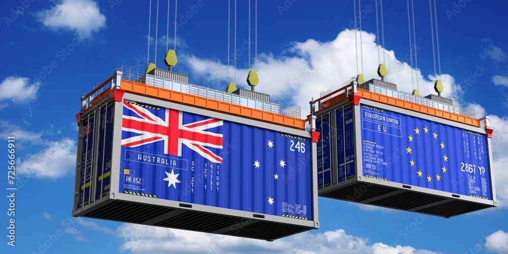 Shipping containers with flags of Australia and European Union - 3D illustration