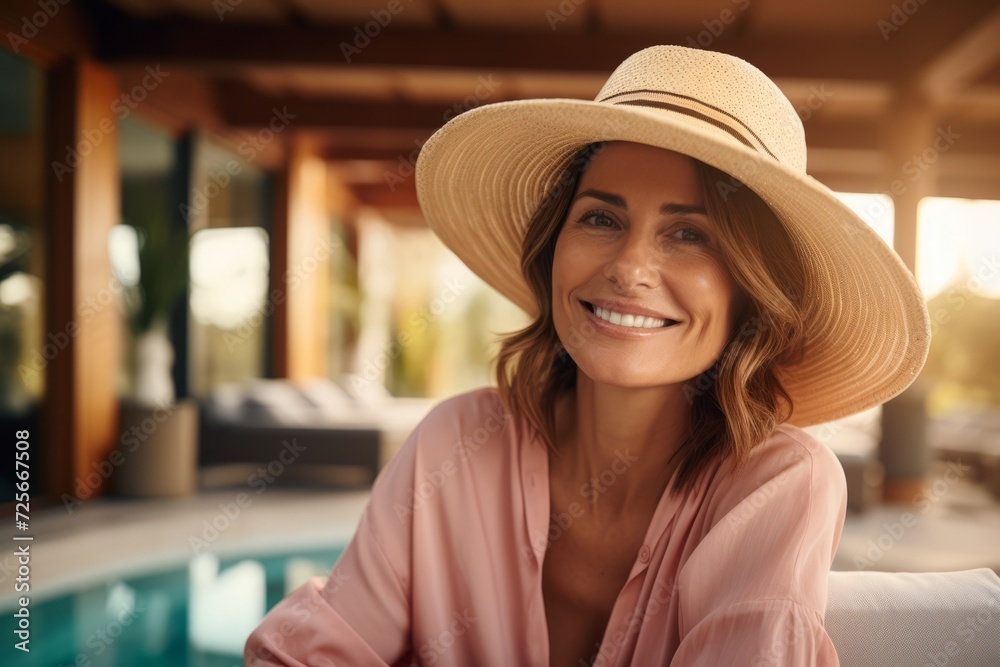 Portrait of beautiful young woman in hat and shirt looking at camera and smiling while sitting on chair near swimming pool