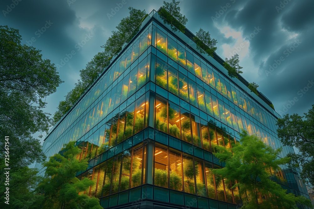 Capture the essence of sustainable urban living with an energy-efficient glass office building, harmonizing with its surroundings through trees for CO2 mitigation.