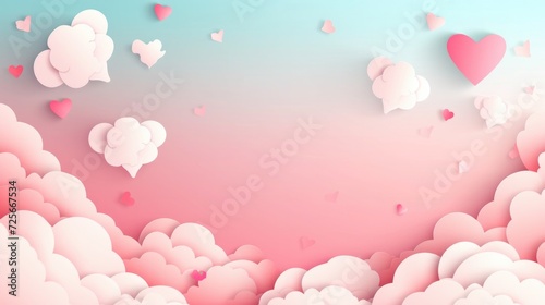 Horizontal banner with pink sky and paper cut clouds. Place for text. Happy Valentine's day sale header or voucher template with hearts. Rose cloudscape border frame pastel colors.
