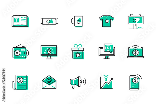 Advertising and Finance - set of line design style icons isolated on white background. High quality images of message, money, information and corporate ads, gift, media and gadgets idea