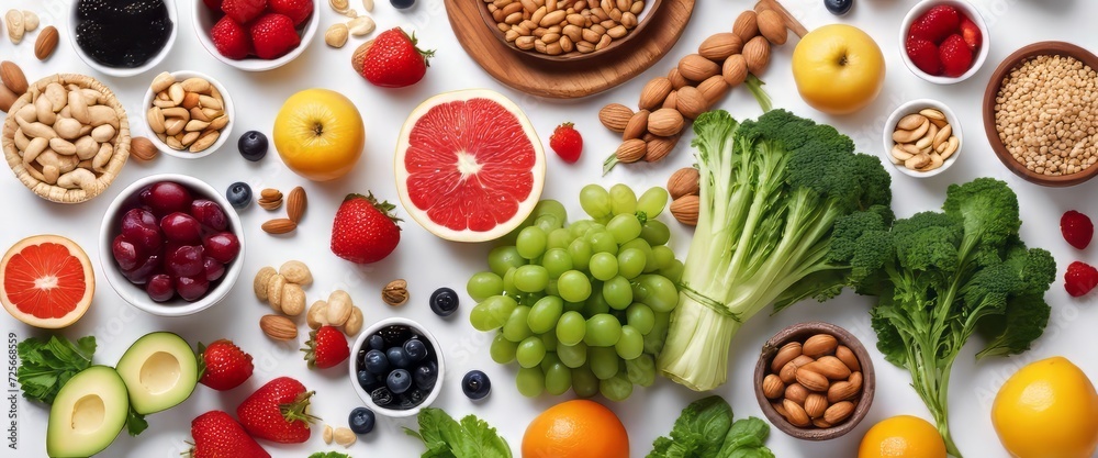 A set of healthy food. Fish, nuts, protein, berries, vegetables and fruits. On a white background A set of healthy food. Fish, nuts, protein, berries, vegetables and fruits. On a white background