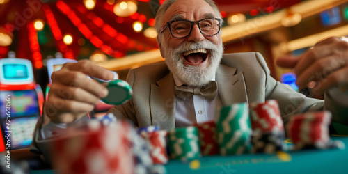 Le joueur s'assoit à la table de jeu du casino et gagneTitle