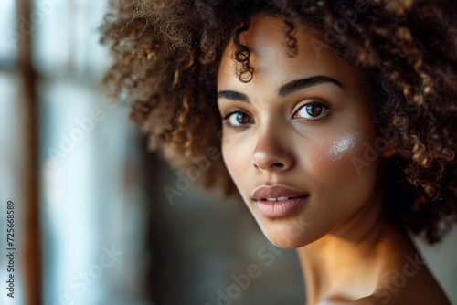 a woman with curly hair and a white glitter on her face