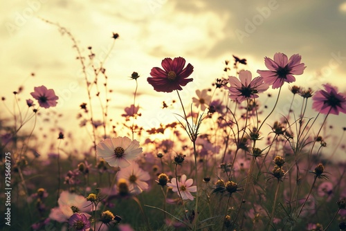 a field of flowers with the sun setting behind it © Alexandre