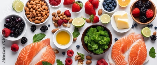 A set of healthy food. Fish, nuts, protein, berries, vegetables and fruits. On a white background