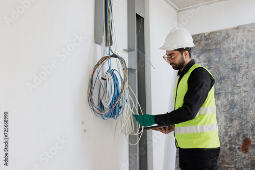 electrical engineers or technicians is professionally inspecting the wiring and systems in the building. Check electrical equipment to meet safety standards. Use a tablet to check buildings. photo