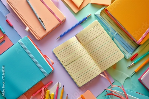 a notebooks and pens on a table photo