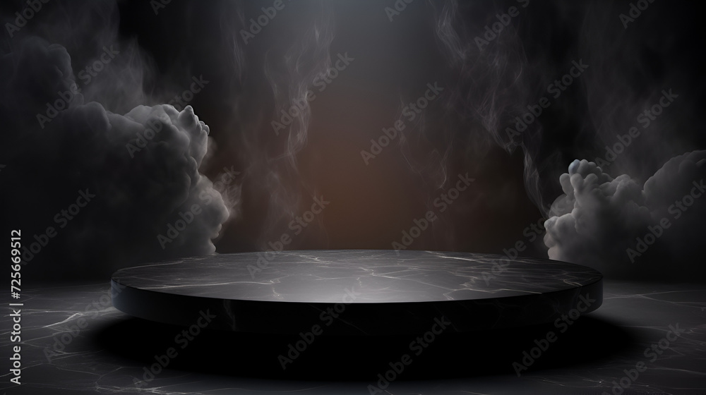 black podium on dark blue and red background. Empty cylinder pedestal for product show, surrounding with smoke or fog. Empty Red background, product display Podium, with smoke float up, ai generated