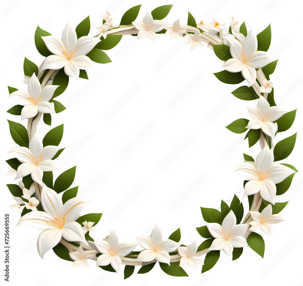 Transparent white floral wreath frame. elegant flower border. isolated cleared background PNG. 