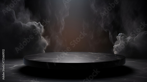 black podium on dark blue and red background. Empty cylinder pedestal for product show, surrounding with smoke or fog. Empty Red background, product display Podium, with smoke float up, ai generated photo
