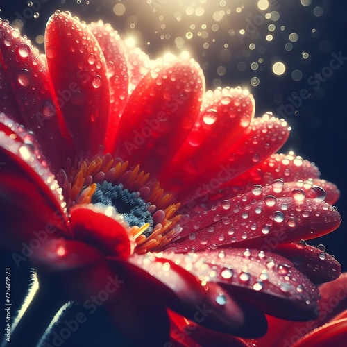 A close up of beautiful zoomed in red flower with drops of rain, in spring season, sunlit, nature photography