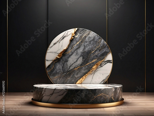 Marbel podium for product showcase. Dark marble display. Natural light copy space. Minimal abstract cosmetic background presentation