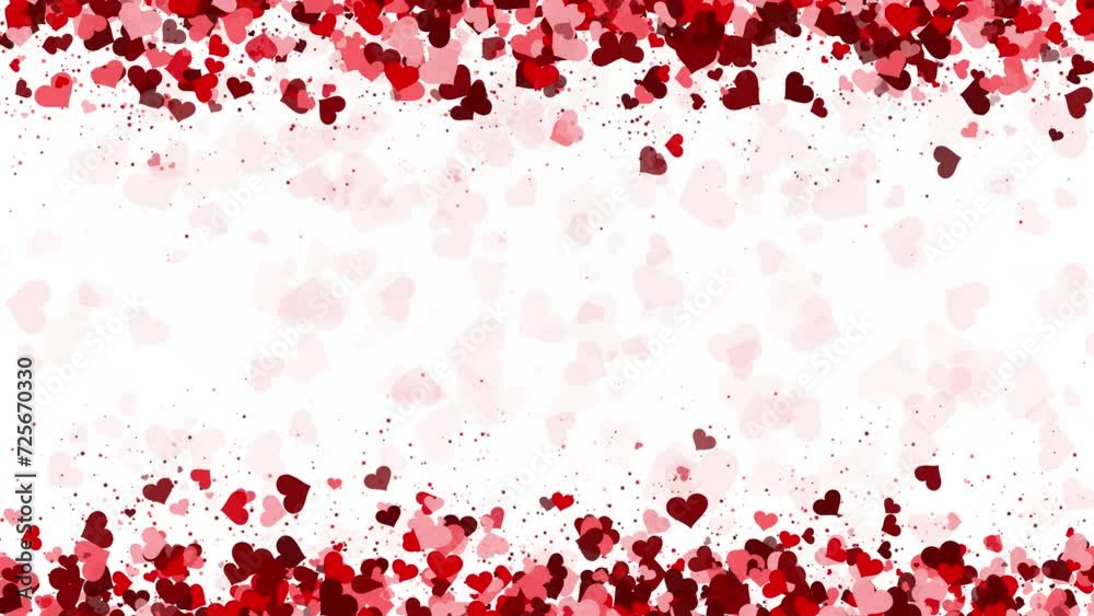 Valentine's day border with flying hearts. Holiday decoration animation red hearts on white background. Loop motion graphic. Copy space. Valentine's day border with flying hearts. Holiday decoration animation red hearts on white background. Loop motion graphic. Copy space.