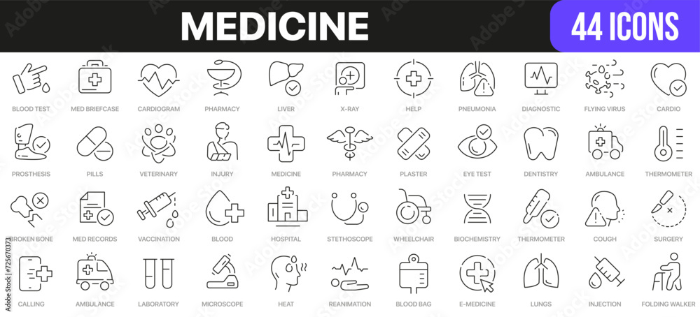 Medicine line icons collection. UI icon set in a flat design. Excellent signed icon collection. Thin outline icons pack. Vector illustration EPS10