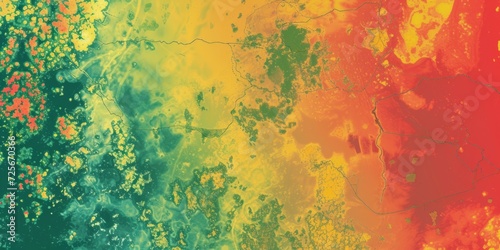Abstract thermal imaging, with a heat-map palette of red, yellow, and green, resembling infrared thermal visuals photo