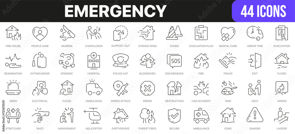 Emergency line icons collection. UI icon set in a flat design. Excellent signed icon collection. Thin outline icons pack. Vector illustration EPS10