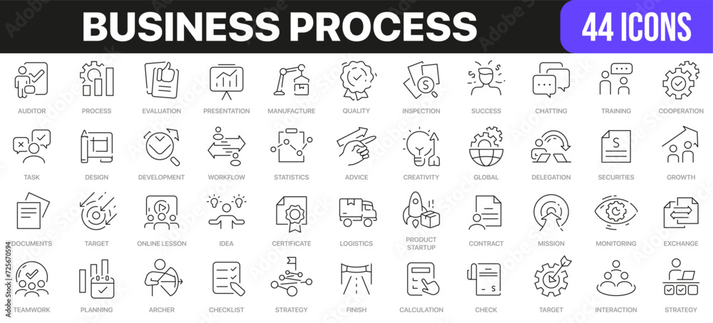 Fototapeta premium Business process line icons collection. UI icon set in a flat design. Excellent signed icon collection. Thin outline icons pack. Vector illustration EPS10