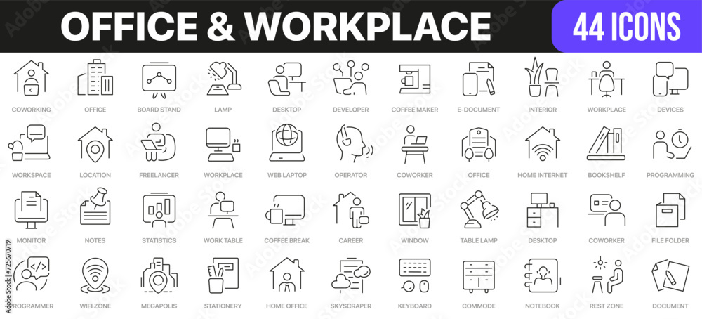 Office and workplace line icons collection. UI icon set in a flat design. Excellent signed icon collection. Thin outline icons pack. Vector illustration EPS10