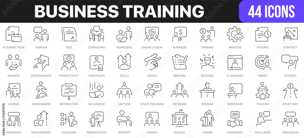 Business training line icons collection. UI icon set in a flat design. Excellent signed icon collection. Thin outline icons pack. Vector illustration EPS10