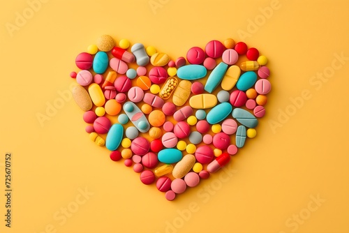 Vivid heart shape crafted from diverse colored medicine tablets on a light yellow backdrop, creating a visually captivating composition.